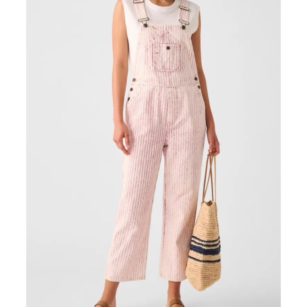 Faherty Pink Striped Cotton Overalls Romper